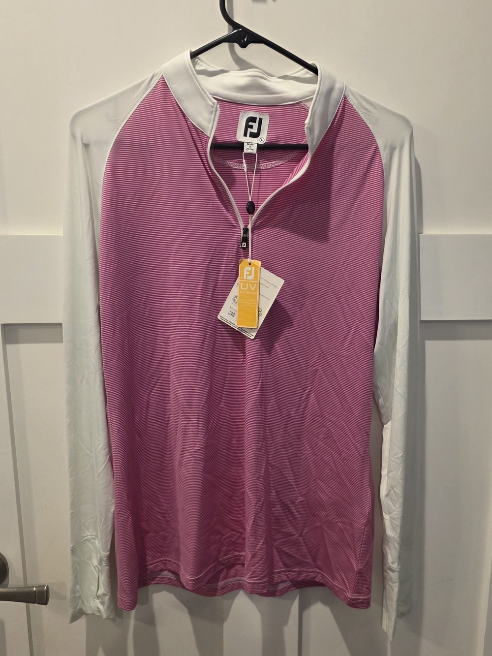 New Foot Joy Women's Golf Leisure 1/4 Zip Long Sleeve UV Pullover Pink White L